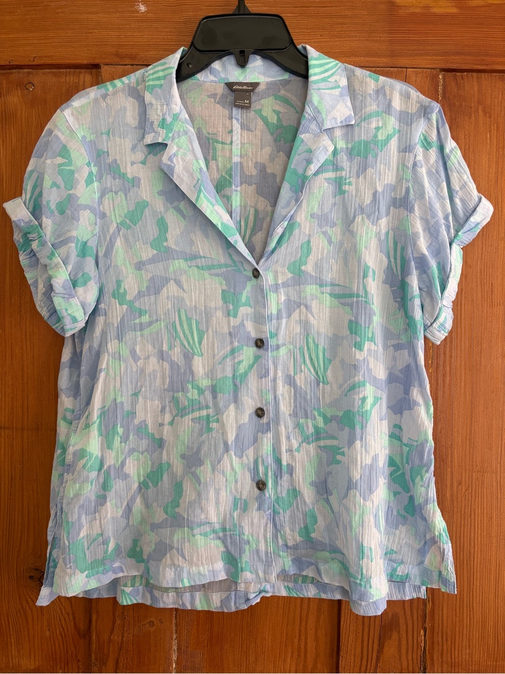 Eddie Bauer Teal Blue Purple Floral Short-Sleeve Button Down Shirt M Women’s